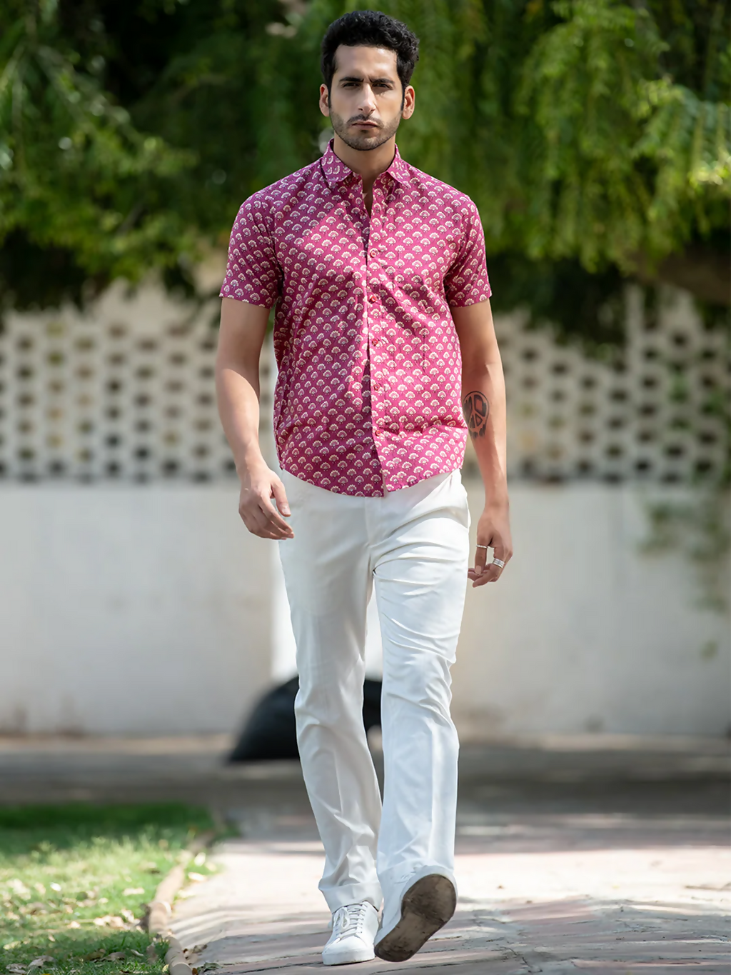 Miravan Men's Regular Fit Pink Floral Cotton Button Down Half Sleeve Slim Fit Shirt | Grocsy