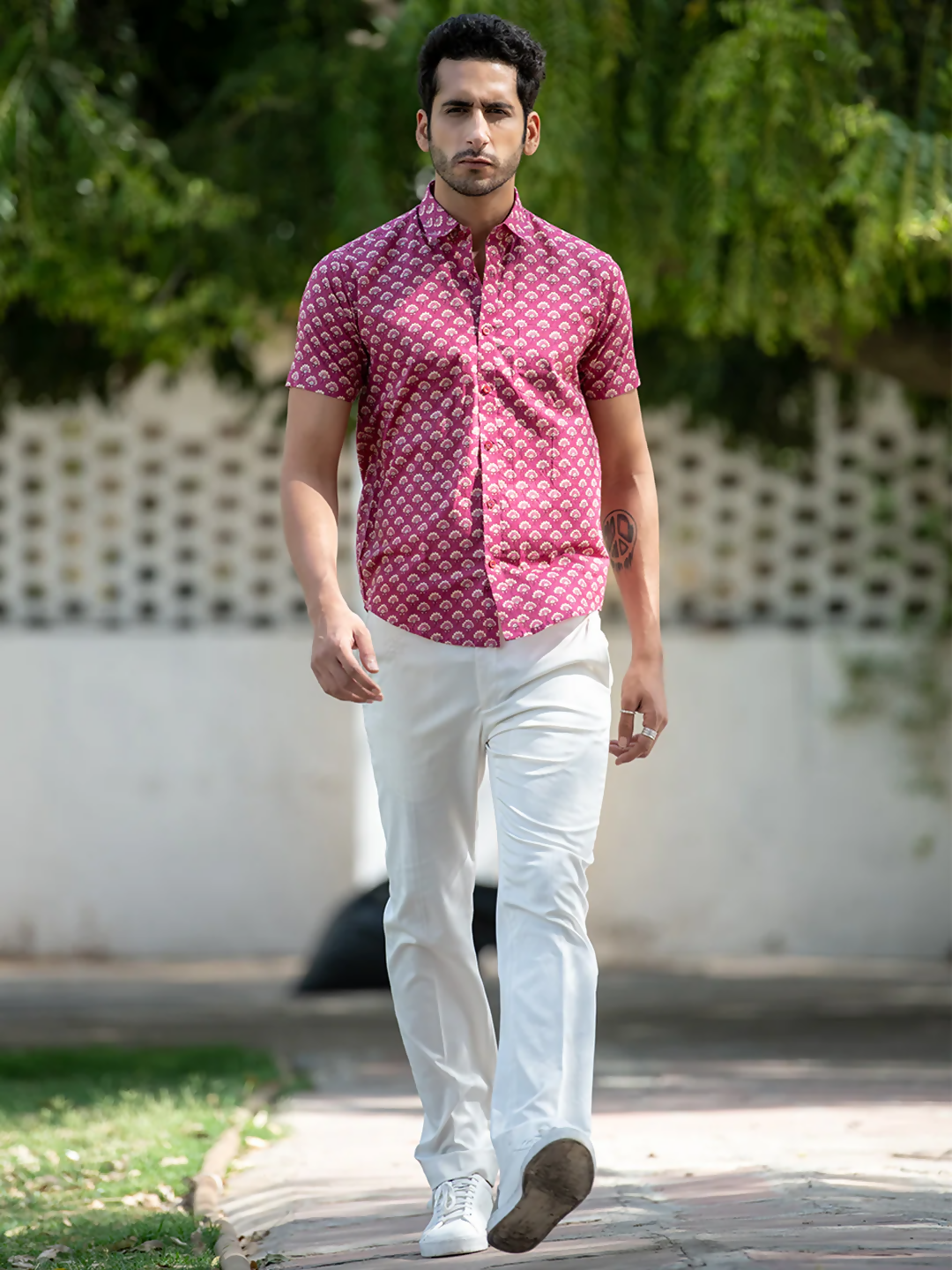 Miravan Men's Regular Fit Pink Floral Cotton Button Down Half Sleeve Slim Fit Shirt | Grocsy