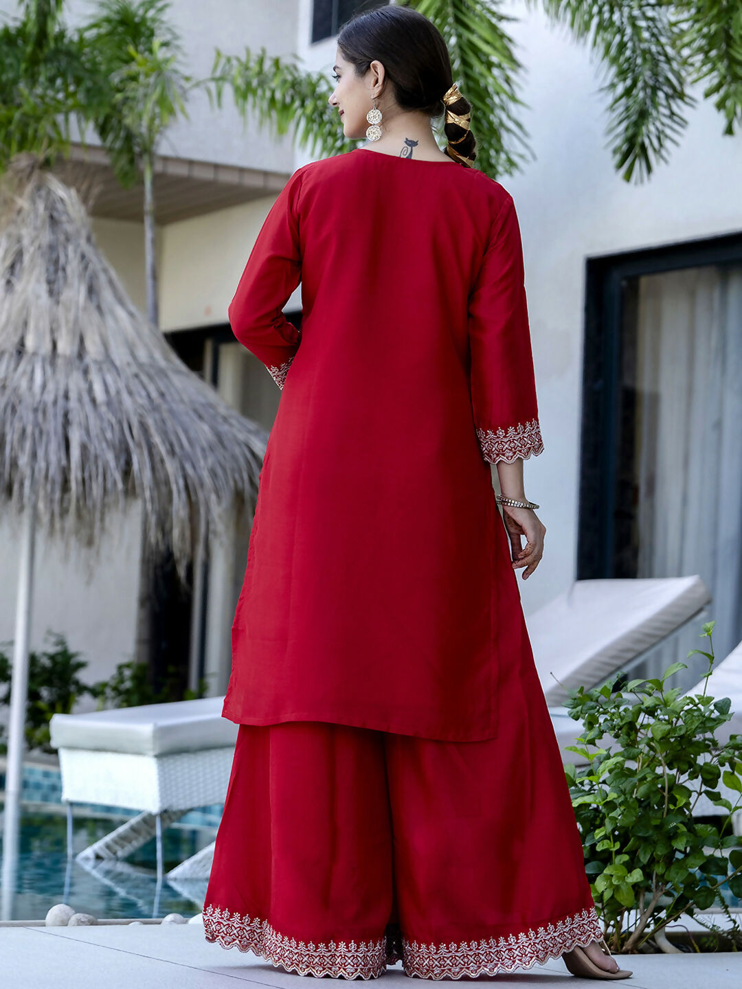 The52 Red Women's Gorgeous Embroidered Vichitra Silk Fabric Straight Kurta, Sharara and Dupatta Set | Grocsy