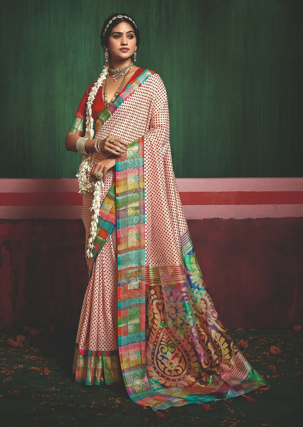 Joban Fashion Tushar Silk Cream And Red Colored With Zari Border And Designer Pallu Saree | Grocsy