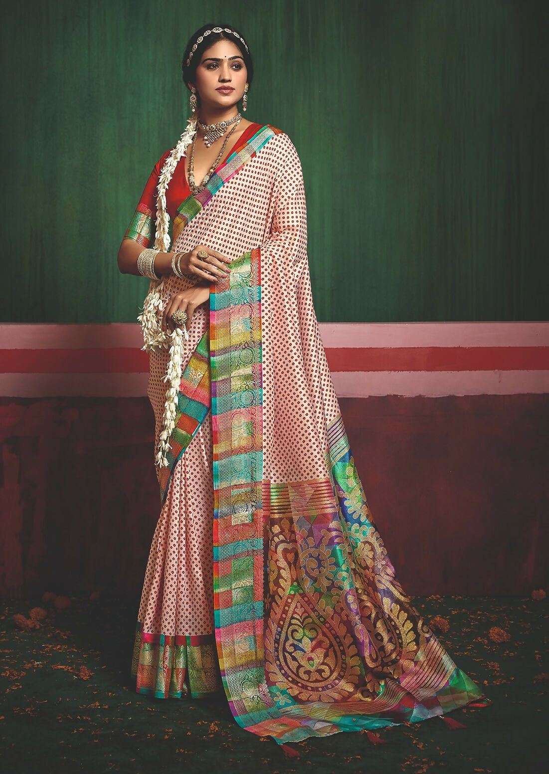 Joban Fashion Tushar Silk Cream And Red Colored With Zari Border And Designer Pallu Saree | Grocsy