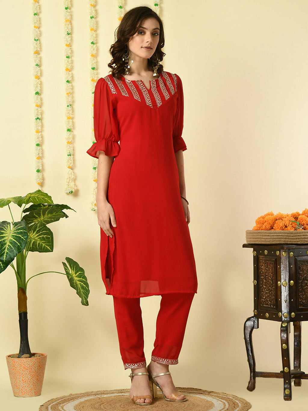 Myshka Women's Red Georgette Kurta With Trousers Party Sets | Grocsy