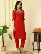 Myshka Women's Red Georgette Kurta With Trousers Party Sets | Grocsy