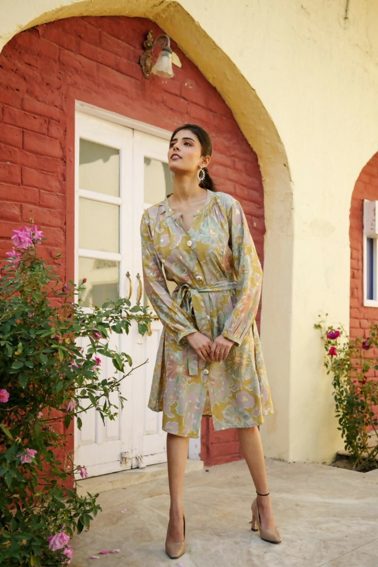 Vaasva Women Green Muslin Floral Printed Knee Length Dress | Grocsy