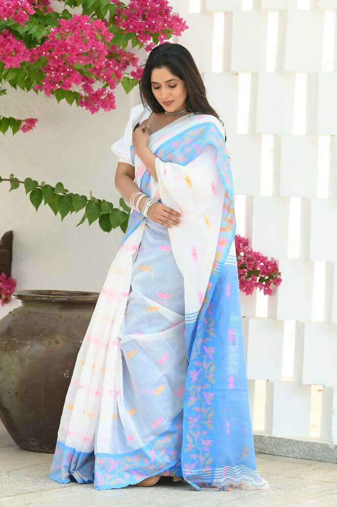 Beatitude White Slub Cotton Floral Jamdani Saree | Grocsy