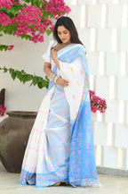 Beatitude White Slub Cotton Floral Jamdani Saree | Grocsy