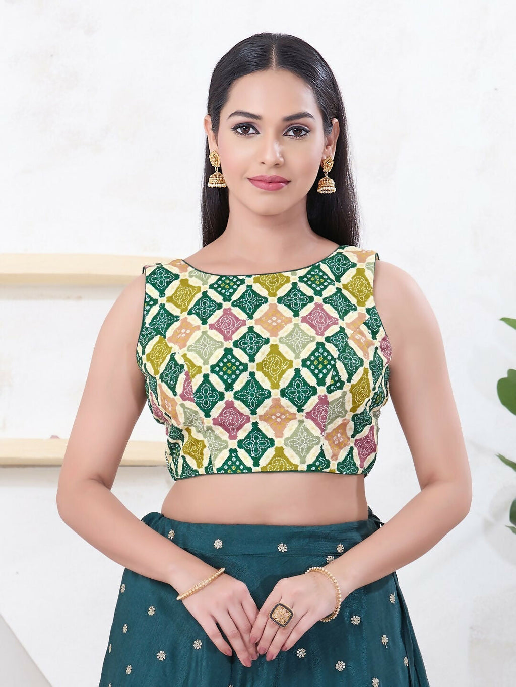 Joban Fashion Green Bandhani Sleeveless Back Open Blouse | Grocsy