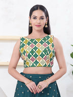 Joban Fashion Green Bandhani Sleeveless Back Open Blouse | Grocsy