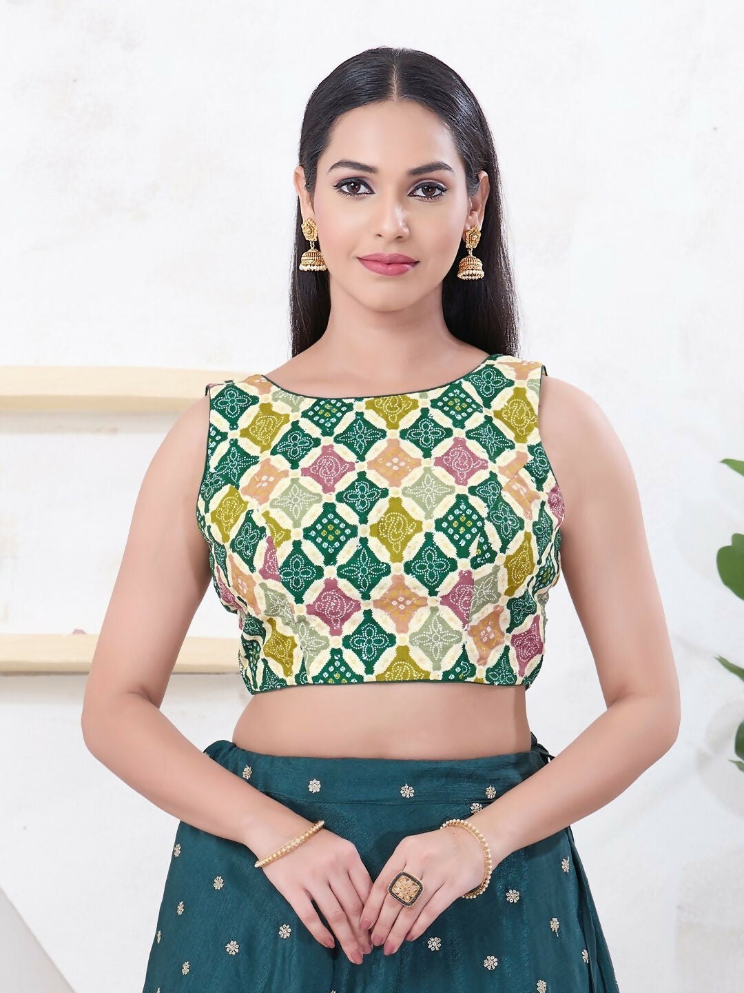 Joban Fashion Green Bandhani Sleeveless Back Open Blouse | Grocsy