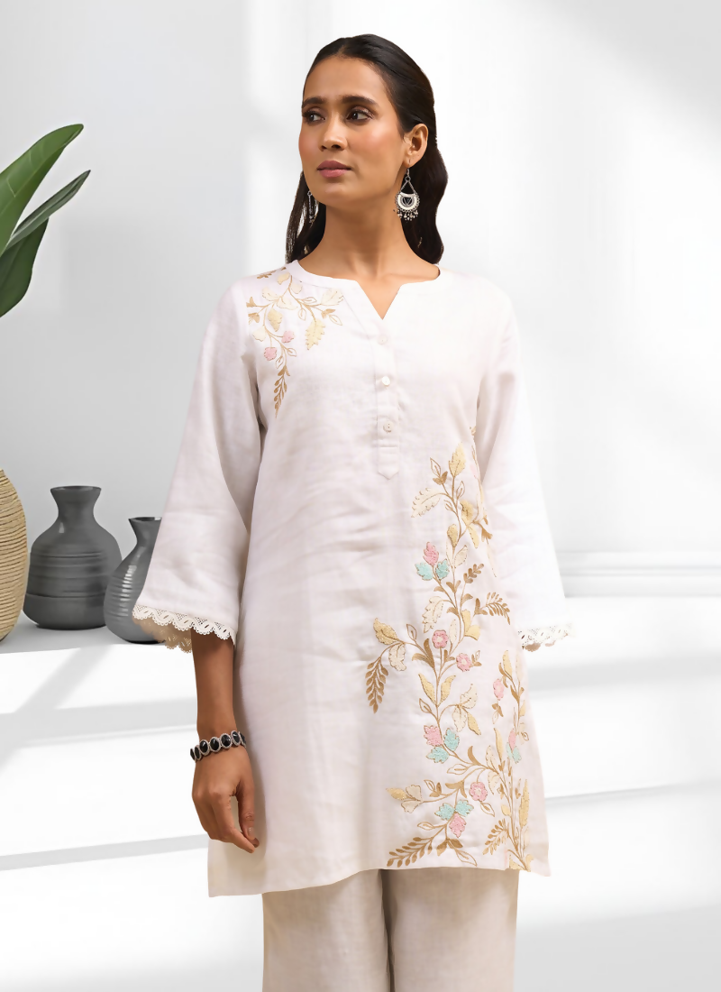 Joban Fashion Off White Linen Embroidered Readymade Cord Set | Grocsy