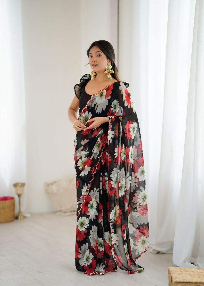 PR Fashion Black Georgette Printed With Mirror Work Saree | Grocsy