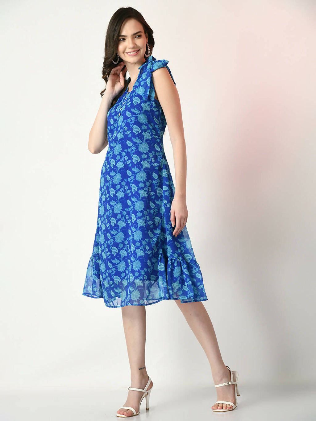 Myshka Women's Blue Fit and Flare Printed Dress | Grocsy