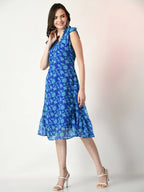 Myshka Women's Blue Fit and Flare Printed Dress | Grocsy