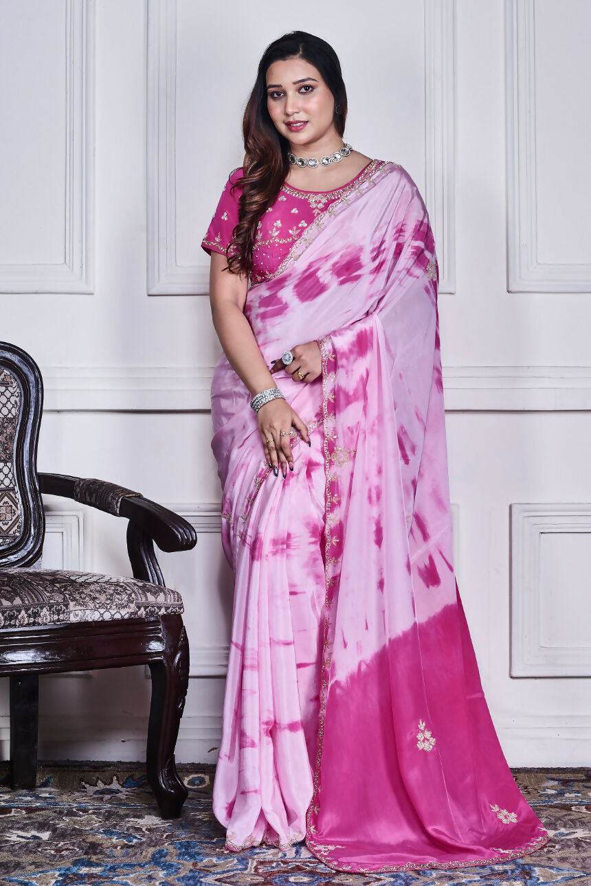 Morchari Pink Crepe Hand Embroidery Saree And Stitched Blouse | Grocsy