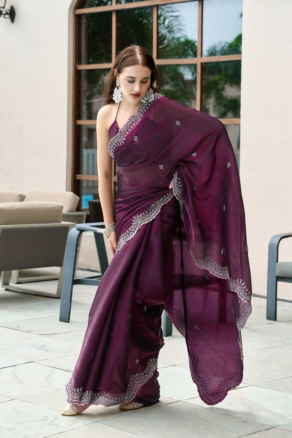 Vastranavya Wine Embroidery Work Shimmer Chiffon Saree with Unstitched Blouse | Grocsy