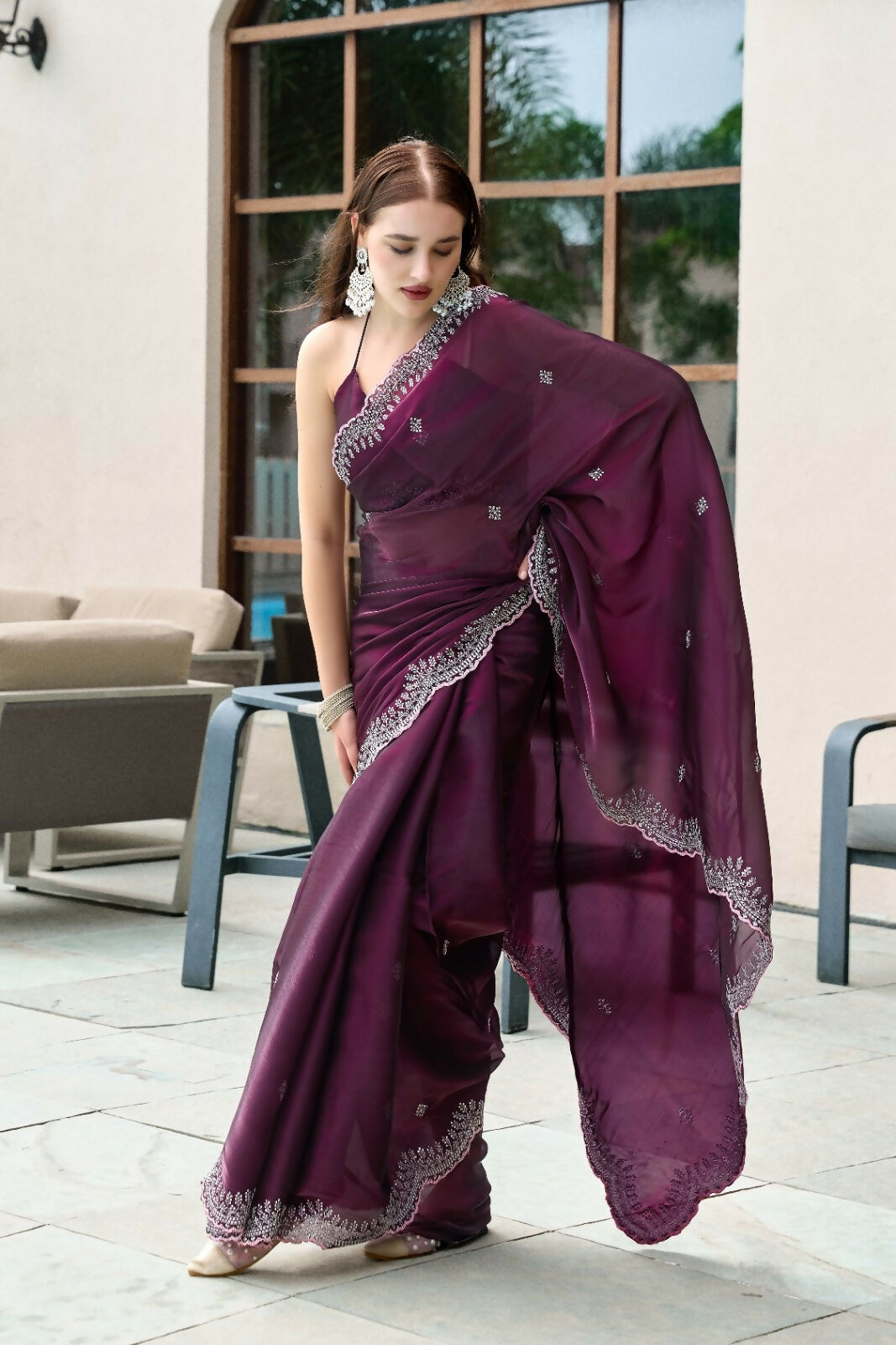 Vastranavya Wine Embroidery Work Shimmer Chiffon Saree with Unstitched Blouse | Grocsy