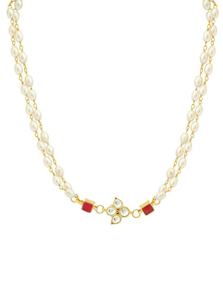 White and Red Beaded Gold Plated Flower Kundan Necklace - Ruby Raang | Grocsy