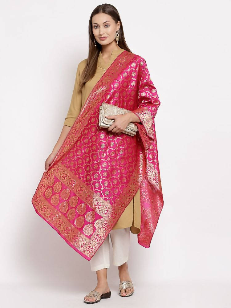 Myshka Women's Pink Silk Print Casual Dupatta | Grocsy