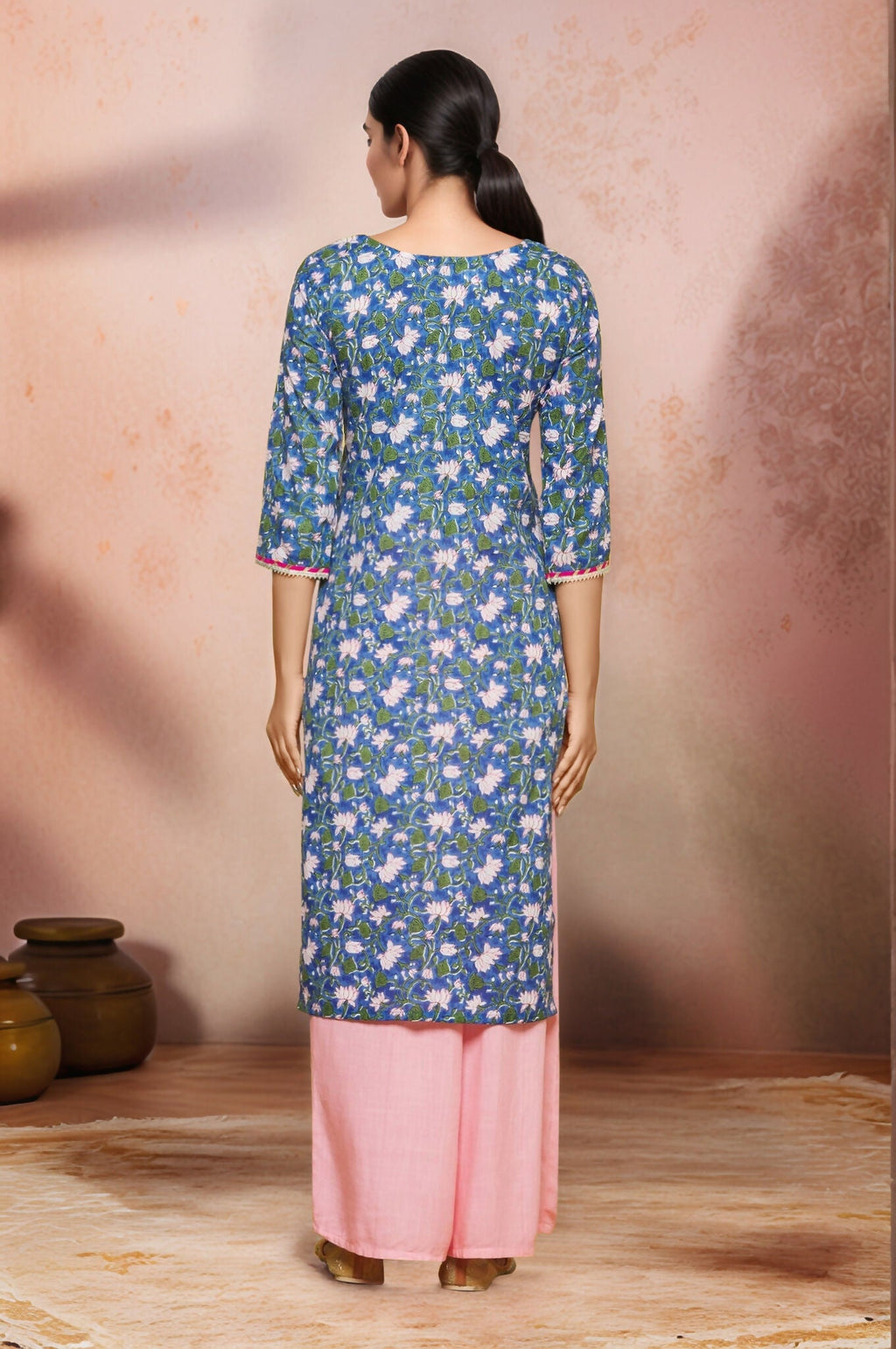 Joban Fashion Blue Flower Printed Cotton Kurti With Lace Work In Neck | Grocsy