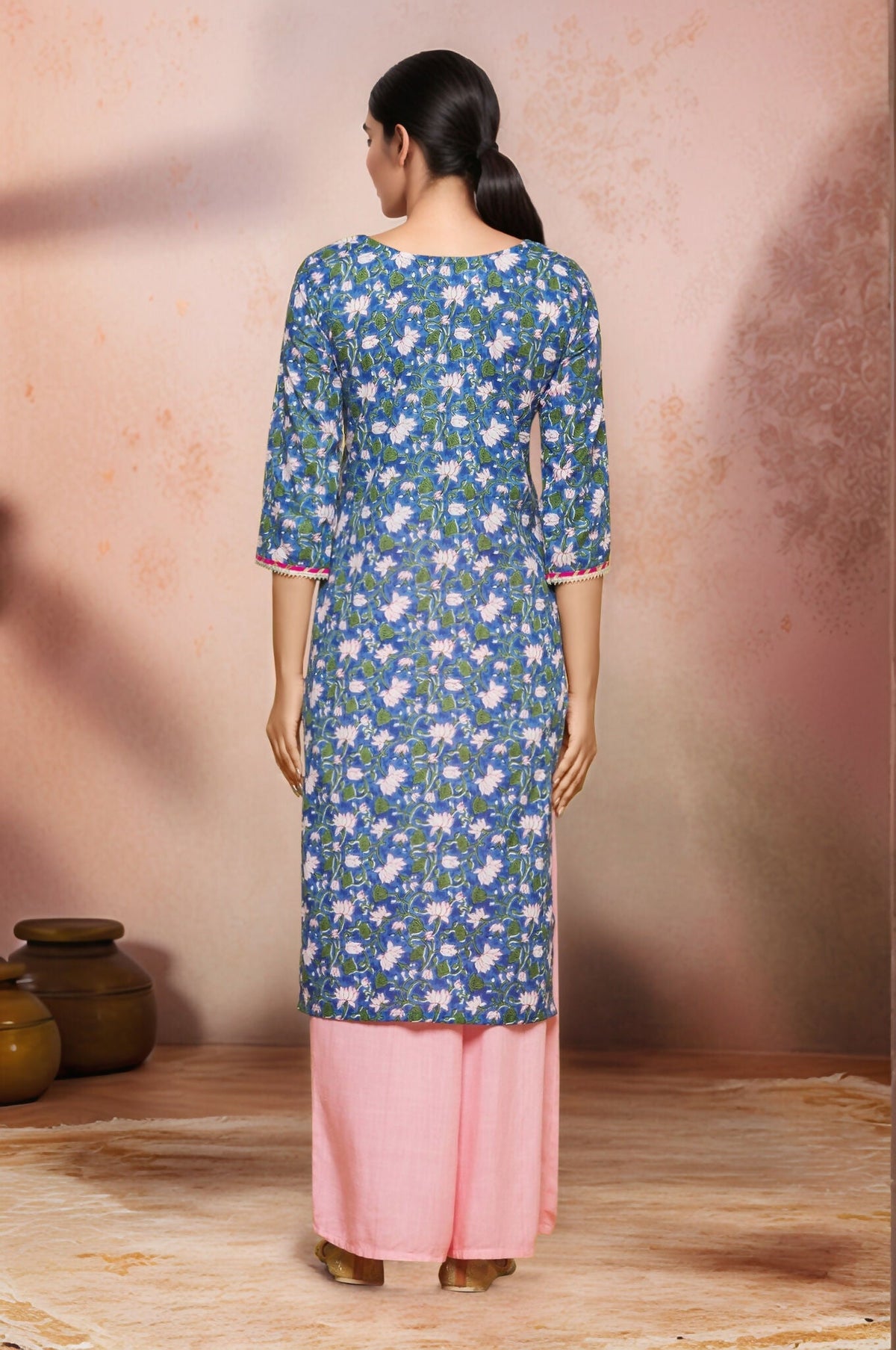 Joban Fashion Blue Flower Printed Cotton Kurti With Lace Work In Neck | Grocsy