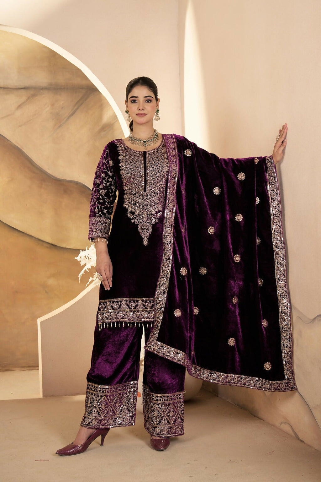 Joban Fashion Wine Velvet Sequence Embroidery Work Kurta Set | Grocsy