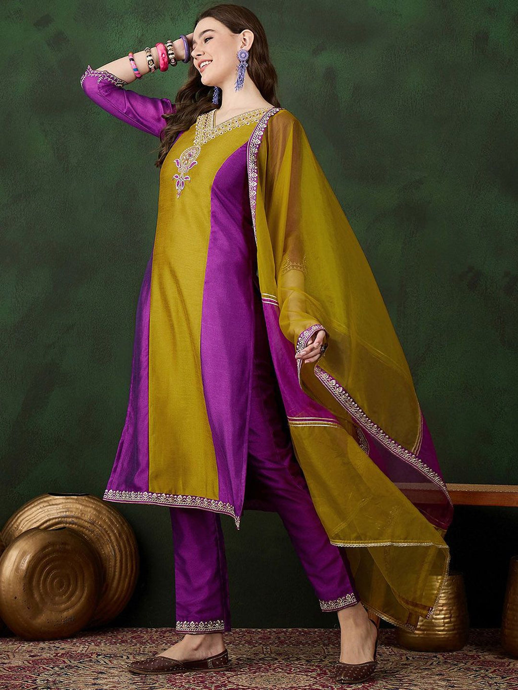 Sangria Embroidered Straight Kurta & Trousers With Dupatta | Grocsy
