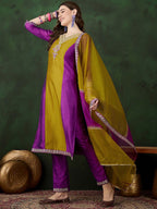 Sangria Embroidered Straight Kurta & Trousers With Dupatta | Grocsy