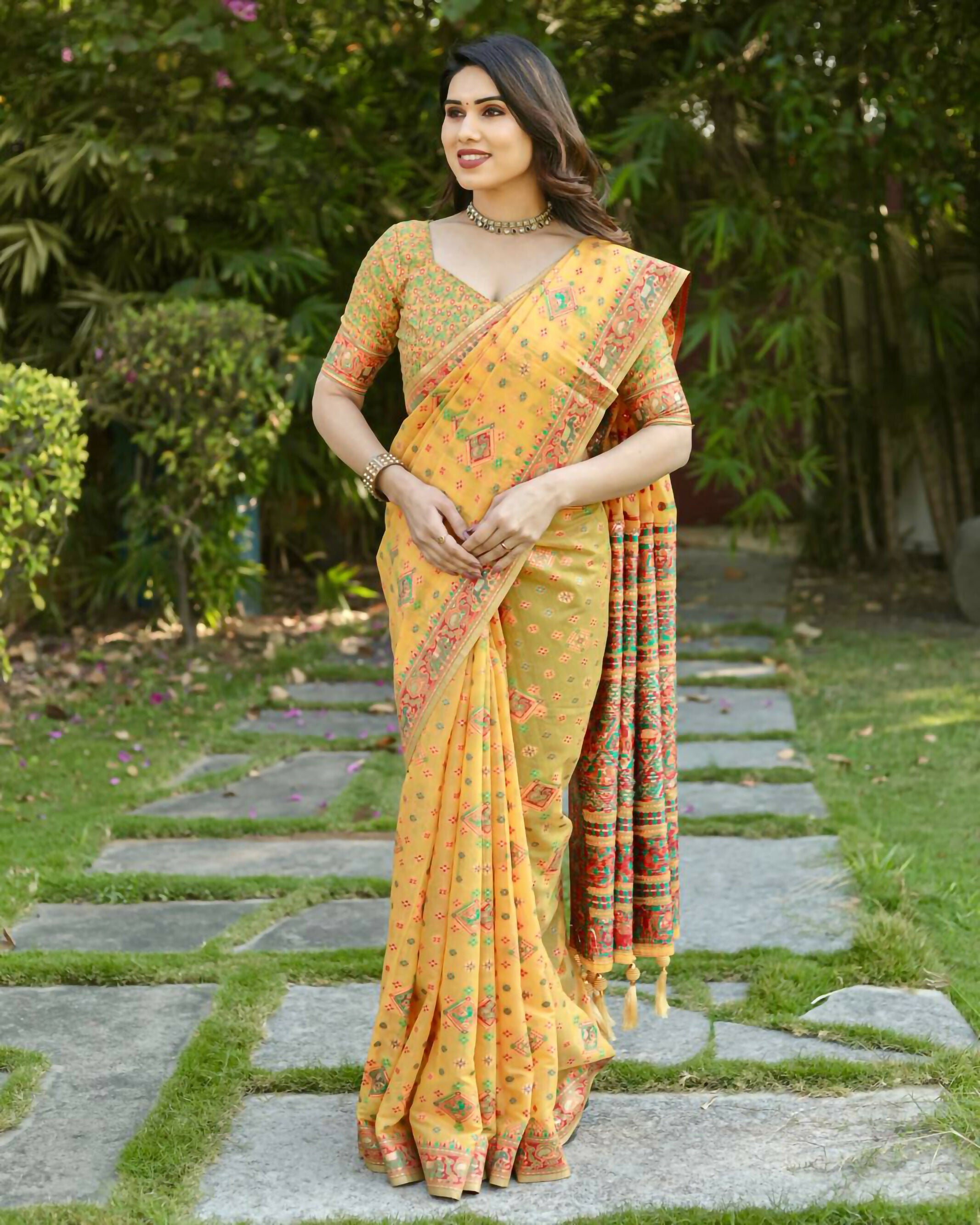 Vastranavya Luxury and Beautiful Soft, Smooth, Flowing Original Pashmina Soft Cotton Saree with Matching Blouse Fabric - Yellow | Grocsy
