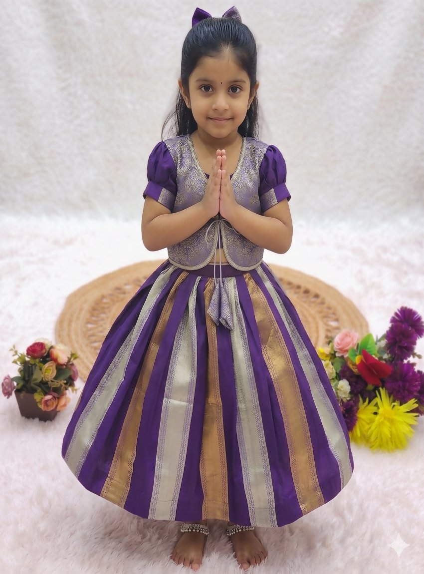 Teeya Creation Latest Designer Girls Royal Purple Silk Pattu Pavadai Lehenga Choli Set With Brocade Koti-Purple | Grocsy