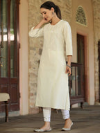 Juniper Women's Offwhite Cotton Flex Embroidered Straight Kurta | Grocsy