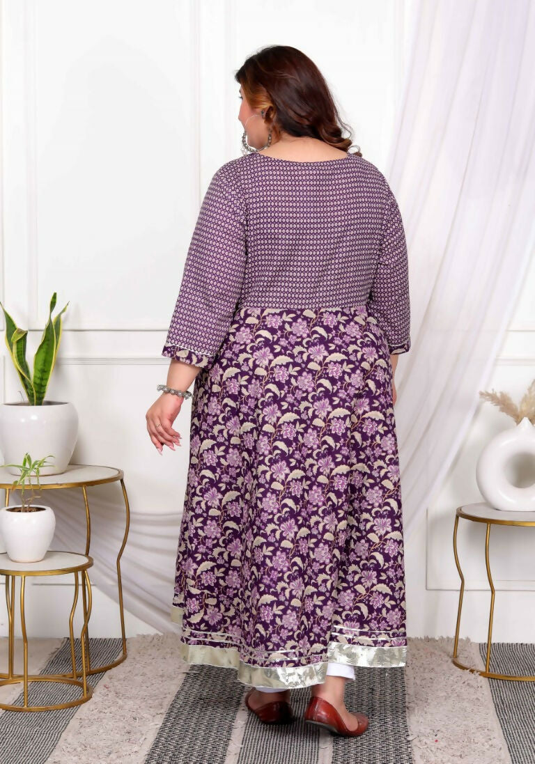 Miravan Women's Plus Size Purple cotton Floral Gota Lace Work Anarkali Kurta | Grocsy