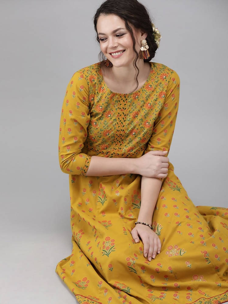 Yufta Women Mustard Yellow & Green Printed A-Line Panelled Kurta | Grocsy