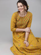 Yufta Women Mustard Yellow & Green Printed A-Line Panelled Kurta | Grocsy