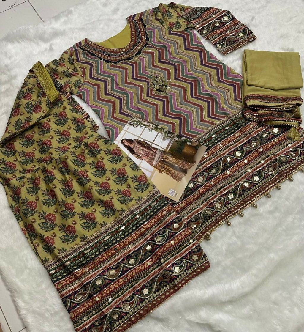 Anaita Yellow Heavy Crepe Silk Ready Made Suit with Multi Digital Printed & Aari Work | Grocsy