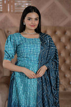 Jyoti Fashion Women's Blue Muslin Floral Print with Crush Pleating Kurta with Trouser & Dupatta | Grocsy