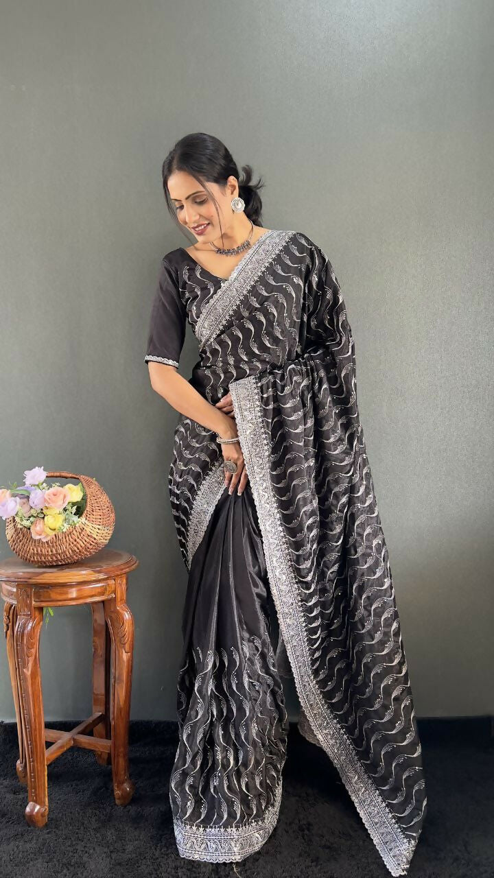 Vastranavya Black Chinnon Silk Embroidery Multi Sequence & Arco Cut Work Ready to Wear Saree | Grocsy