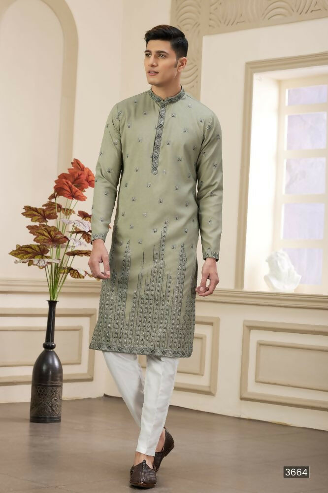 Raivat Ethnic Art Silk Thread Work Kurta Pajama In Green Colour | Grocsy