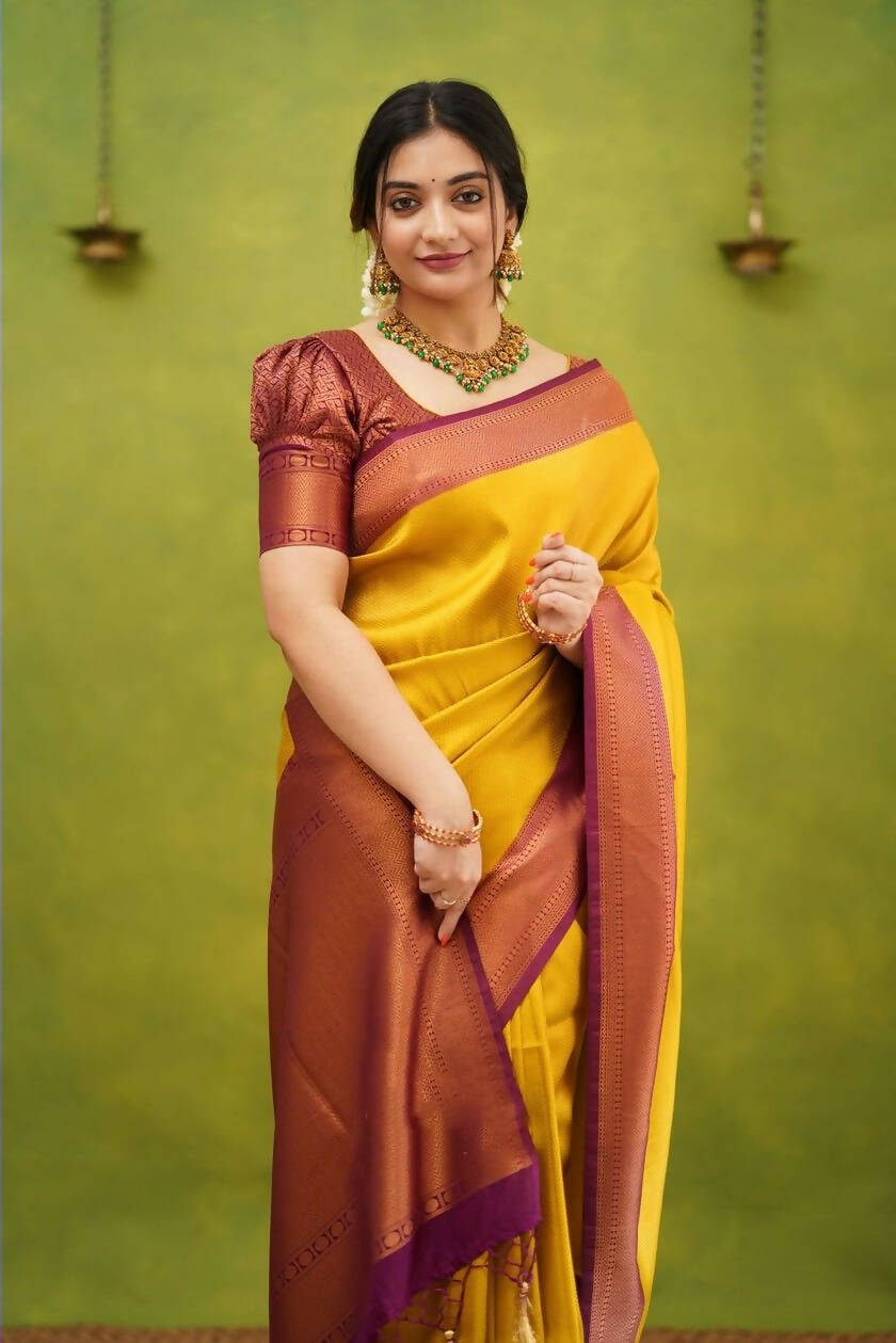 DEIANA'S Beautiful Designer Golden zari Soft Lichi Silk Saree - Yellow | Grocsy