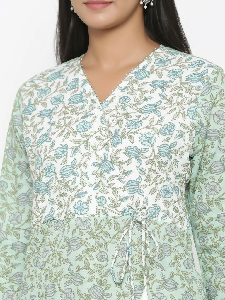 Miravan Women's Floral Jaipuri Cotton Kurta Palazzo With Tassel Set | Grocsy
