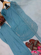 Teeya Creation Teal Color Natural Creap Silk Designer Fancy Party Wear Salwar Suit | Grocsy