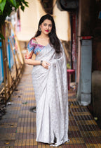 Grey Poly Crepe Ethnic Motifs Saree with Unstitched Blouse - A2M | Grocsy