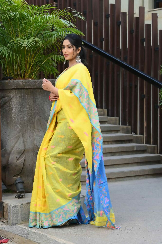 Beatitude Yellow Slub Cotton Floral Jamdani Saree | Grocsy