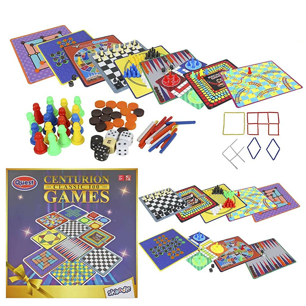 Skoodle Quest Centurion 5 Double Sided 100 Classic Family Board Games Collection 3D Box for Adults & Kids Chess, Ludo, Checkers & More - Age 3+Years | Grocsy