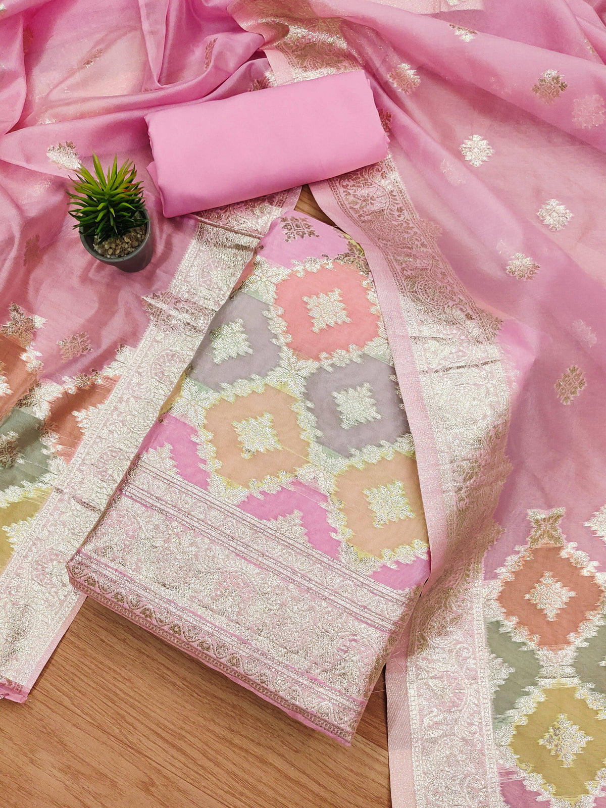 Lorenvalley Fashion Women Zari Woven Organza Suit Unstitched - Pink | Grocsy
