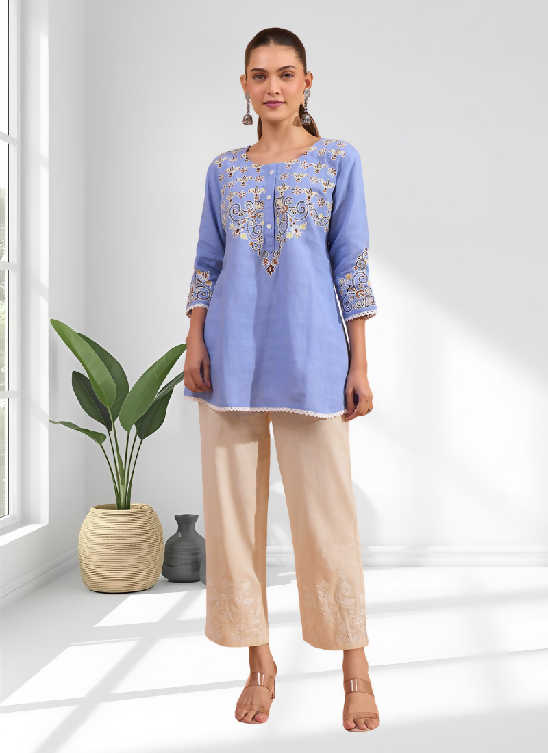 Joban Fashion Sky Blue Cotton, Linen Embroidered Readymade Tunic | Grocsy