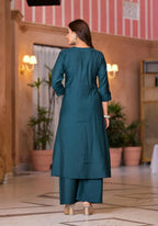 Juniper Women's Bottle Green Zari Embroidered Cotton Kurta Set With Button Closure | Grocsy