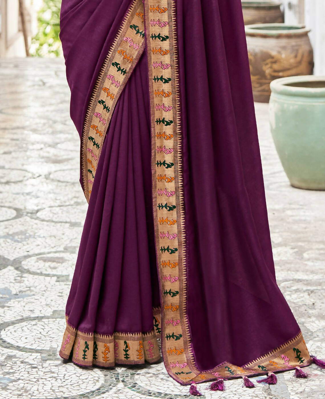 Purple Vichitra Solid Saree With Unstitched Blouse Piece - Juhi | Grocsy