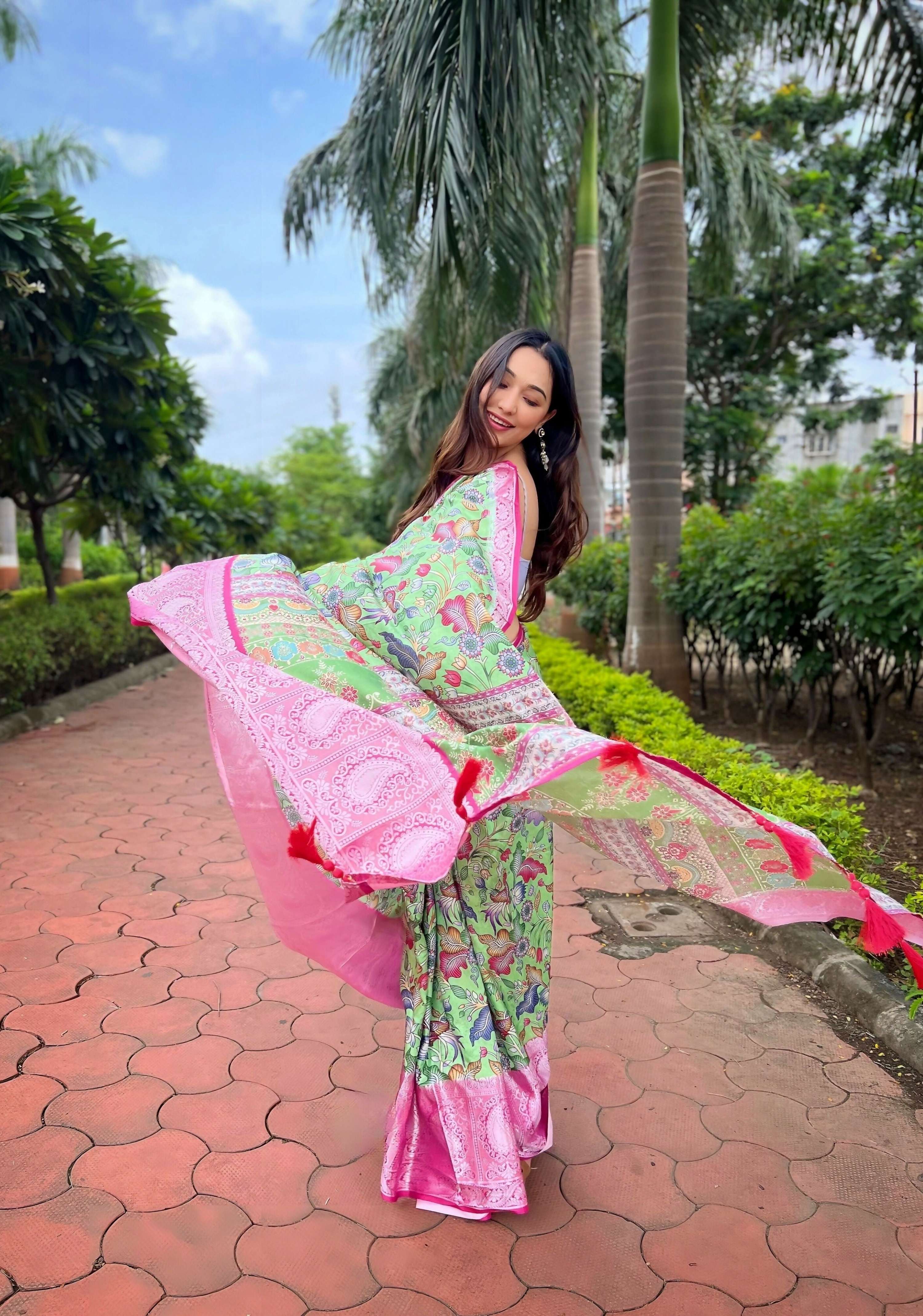 Vamsee Bhavi Pink Tussar Dola Satin Silk Saree | Grocsy