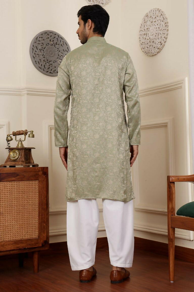 Pista Viscose Woven Jacquard Work Men's Rajwadi Kurta Set - Mahotsav | Grocsy