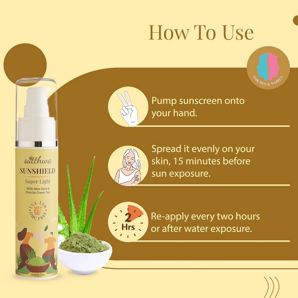 Satthwa Sunshield Super Light Sunscreen With Aloe Vera & Matcha Green Tea | Grocsy